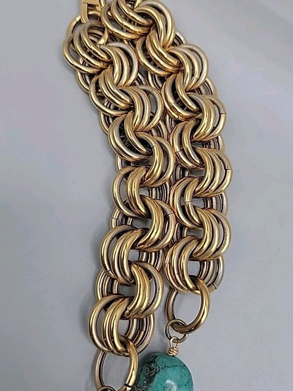 Vintage Turquoise Stone & Gold Chain Necklace Large Natural Turquoise Pendant - Picture 14 of 16